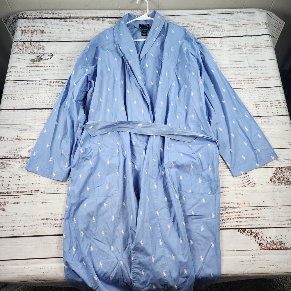 Polo Ralph Lauren Mens L XL Blue Cotton Bathrobe All Over Pony Print Belted